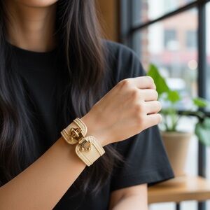 BCBG MAX AZRIA White Ivory Leather Cuff Bracelet Silver Turnlock R $48